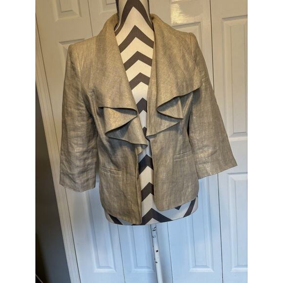 Cache Linen Gold Metallic Beige Blazer 3/4 Sleeve Medium Open Front Waterfall - Picture 1 of 5